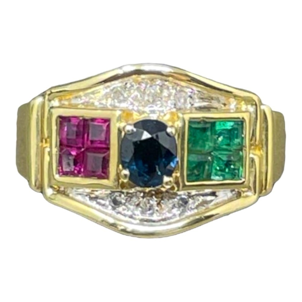 14K Solid Yellow Gold Sapphire, Ruby, Emerald and Diamond Ring